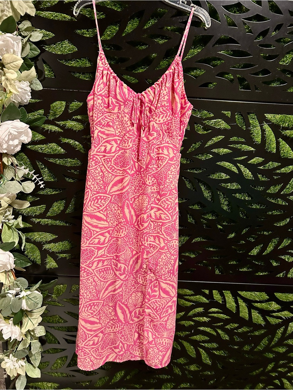 Sienna Sky Pink and Peach Tropical Print Midi Sun Dress, Women's S
